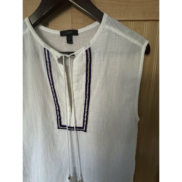 J Crew White Cotton Swim Cover Up Sz XXS V Neck Gauzy Navy Blue Trim Tie Tassels - Picture 2 of 8